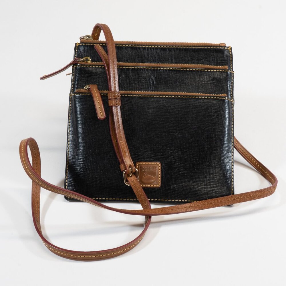 Dooney & Bourke Black Pebbled Leather 3-Zipper Crossbody Bag